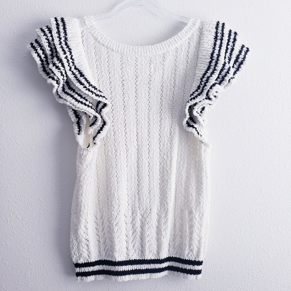 Mauve Anthropologie Knit Ruffle Cap Sleeve Blouse - Picture 2 of 9